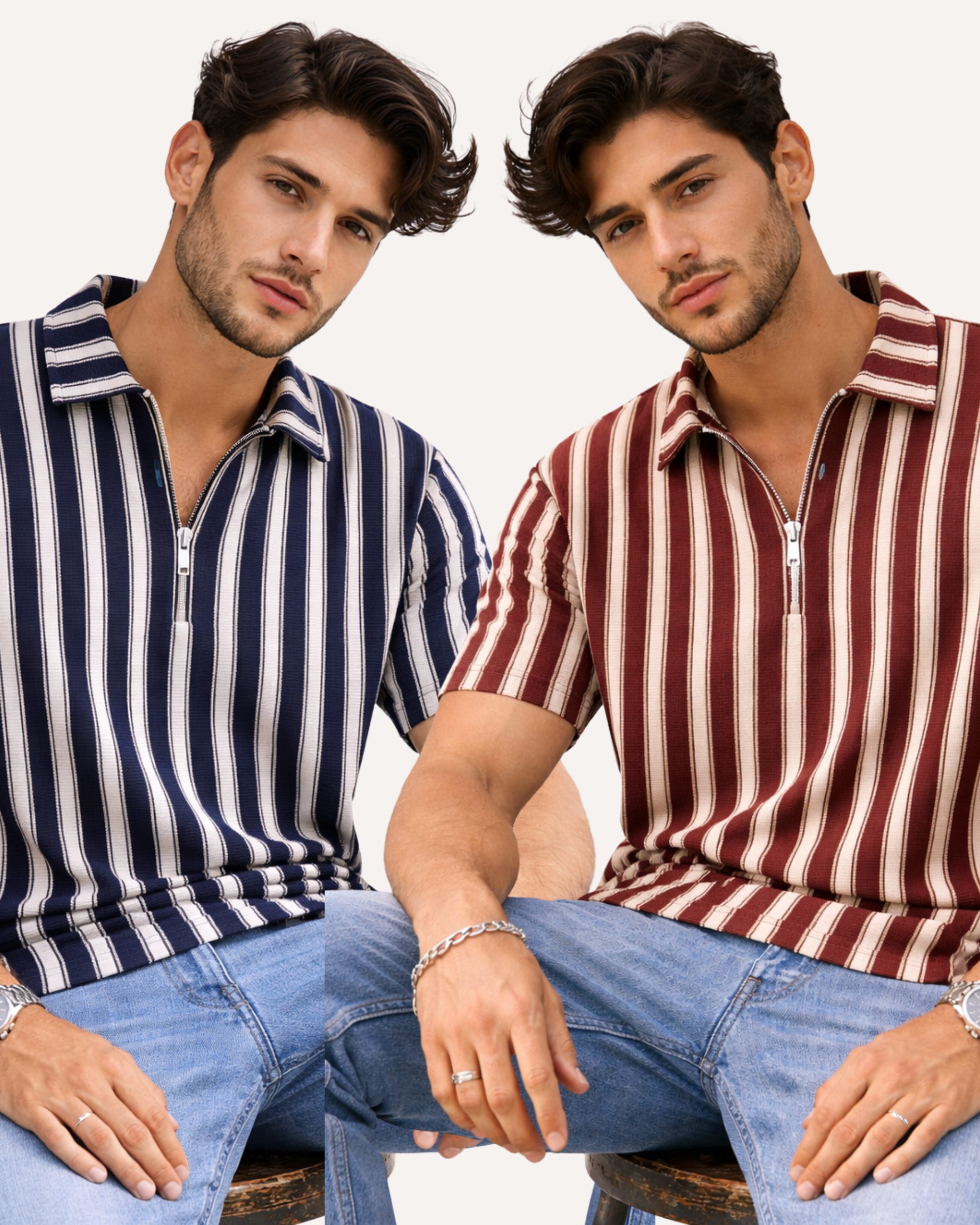 Pack of 2 - Waffle Knit Dual Stripe Zip Polo Shirt
