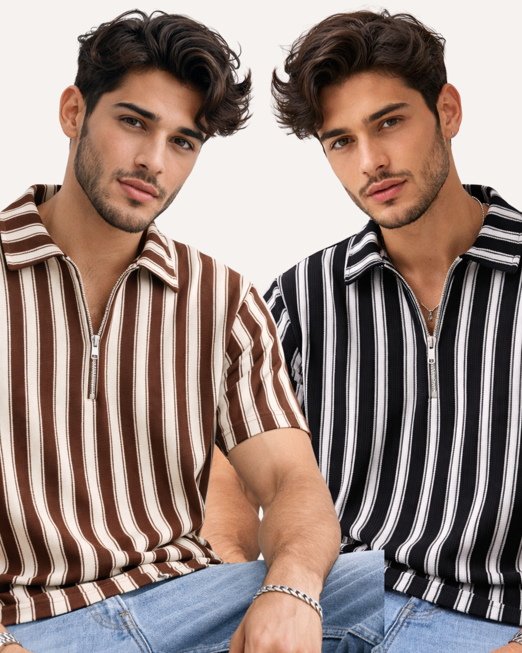 Pack of 2 - Waffle Knit Dual Stripe Zip Polo Shirt