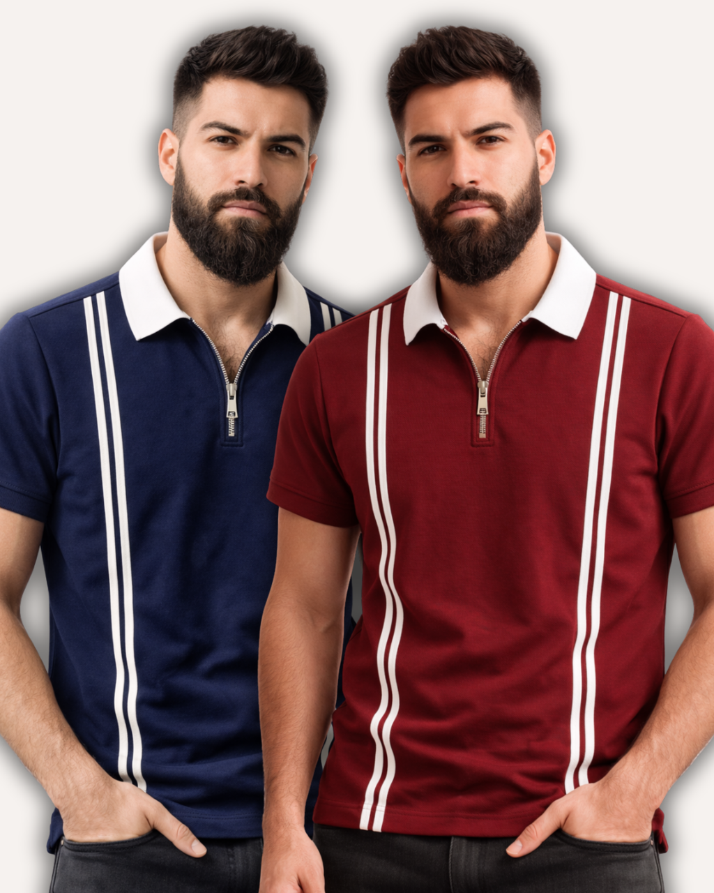 Pack of 2 Men’s Zipper Stripe Polo Shirt