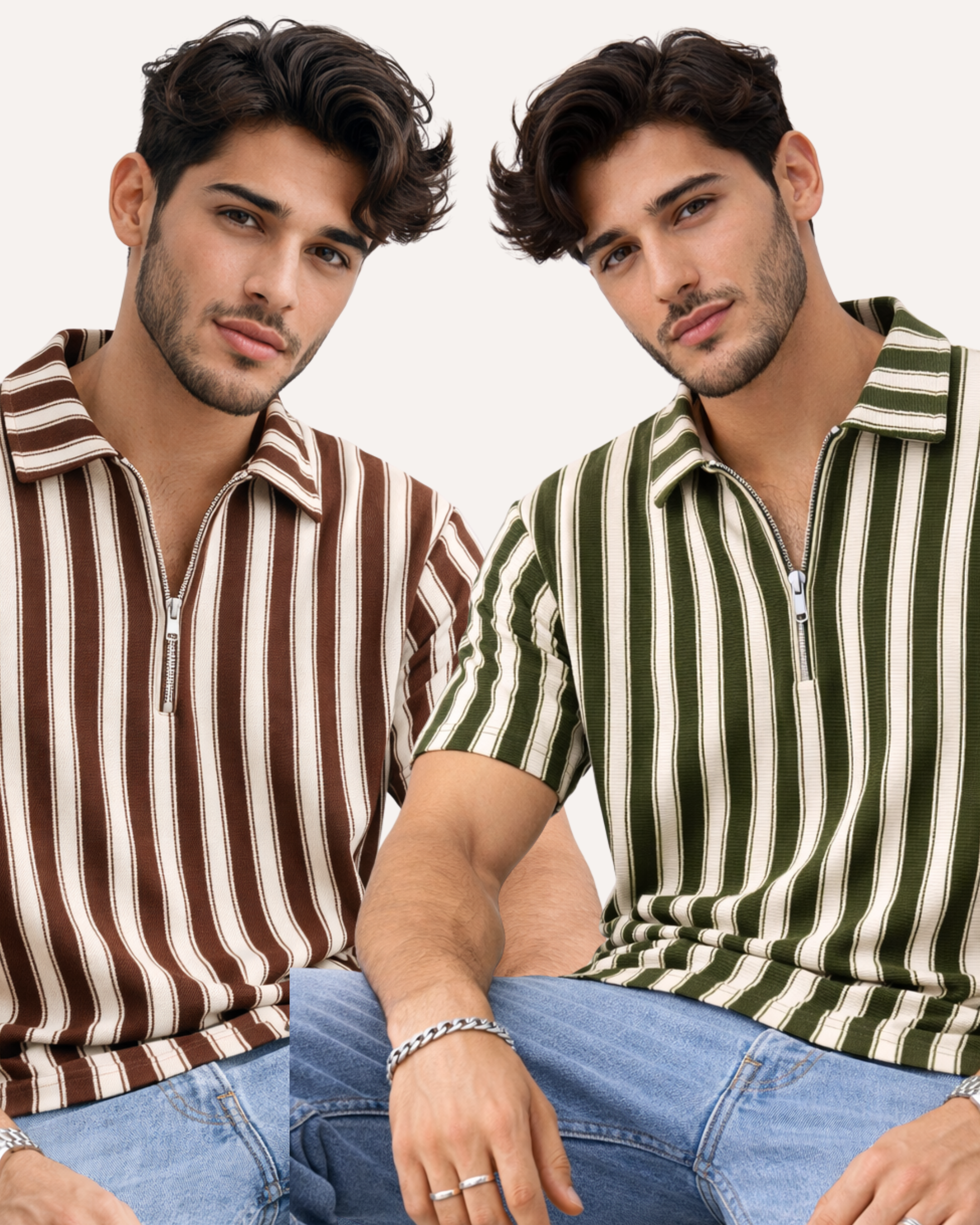 Pack of 2 - Waffle Knit Dual Stripe Zip Polo Shirt