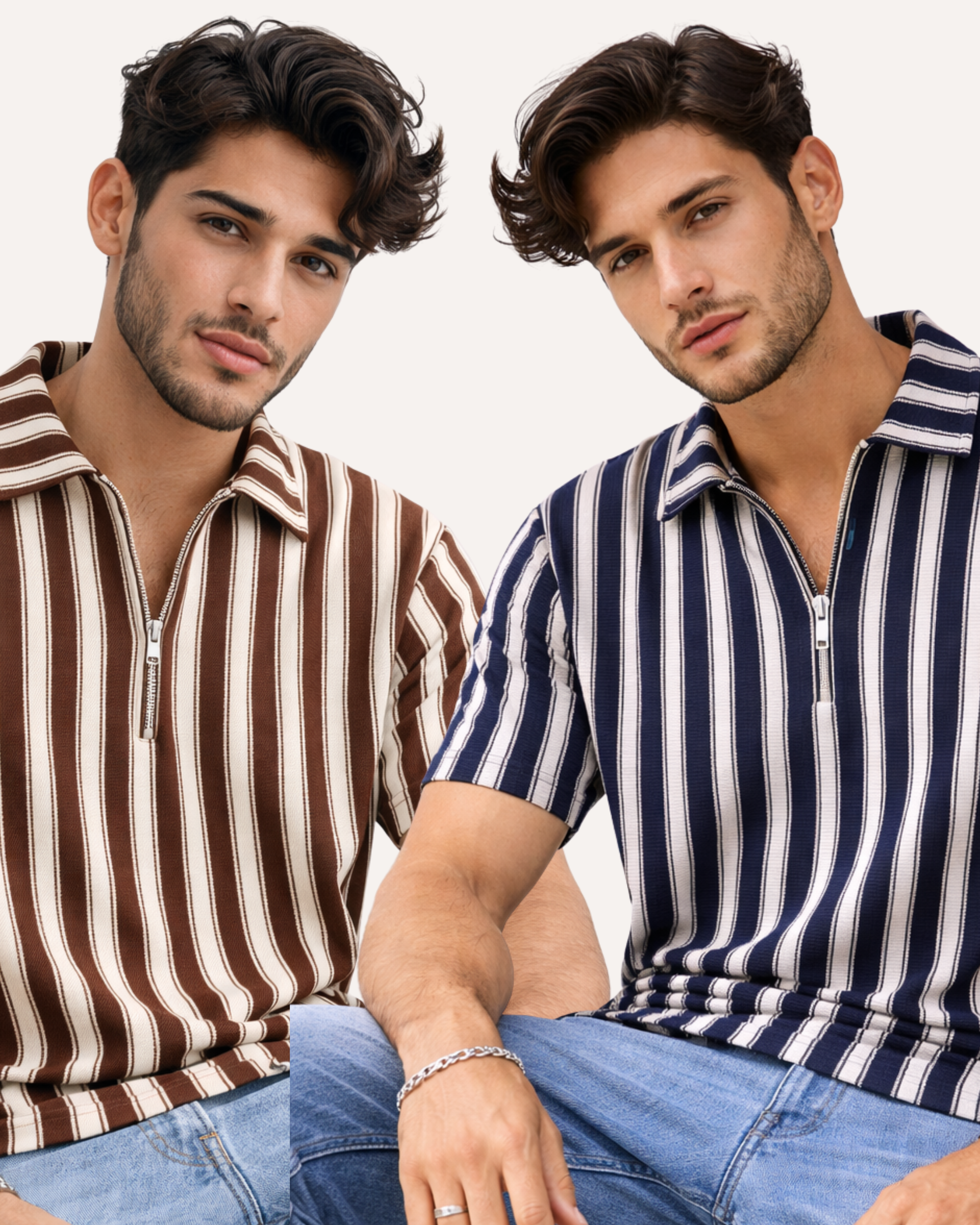 Pack of 2 - Waffle Knit Dual Stripe Zip Polo Shirt