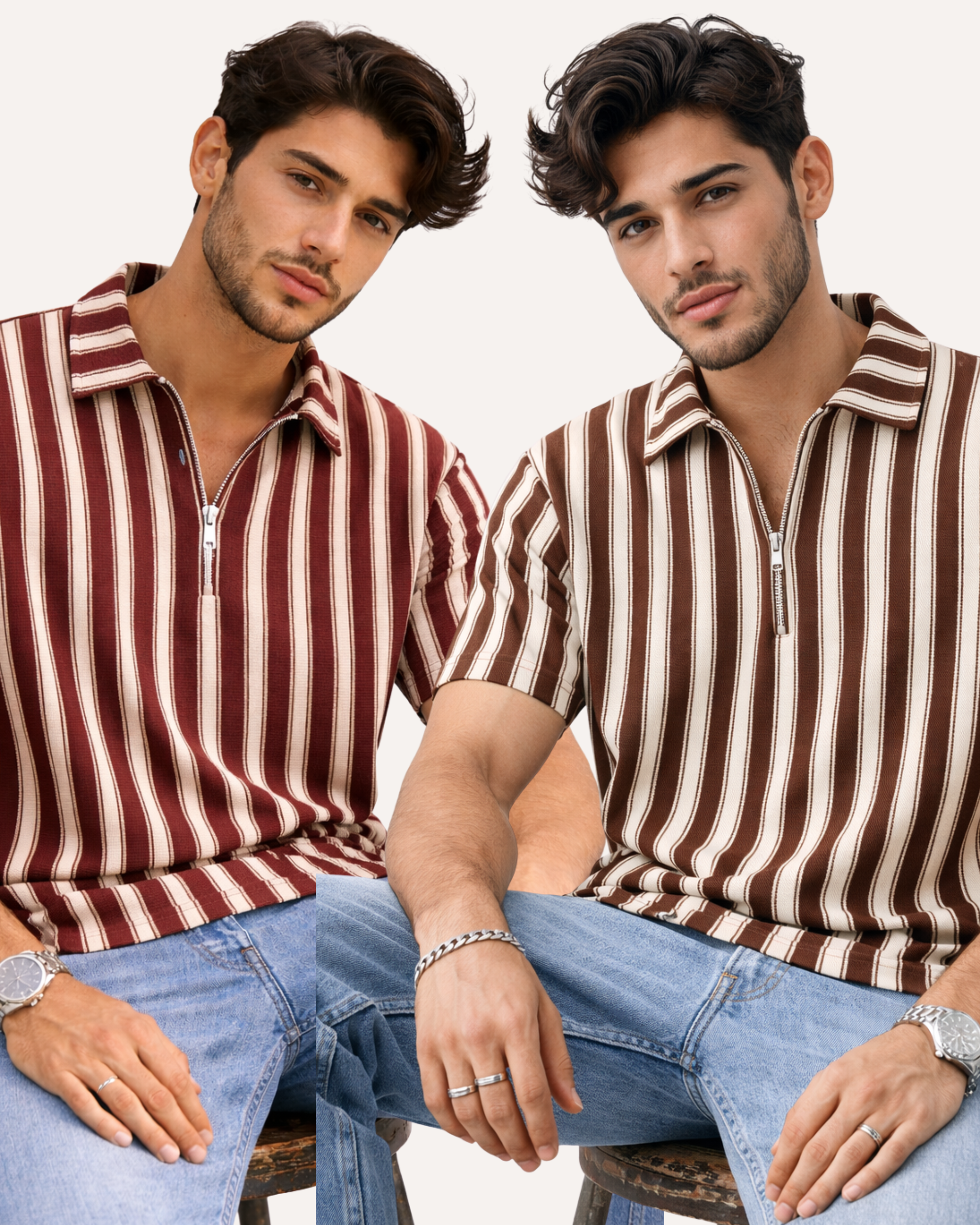 Pack of 2 - Waffle Knit Dual Stripe Zip Polo Shirt