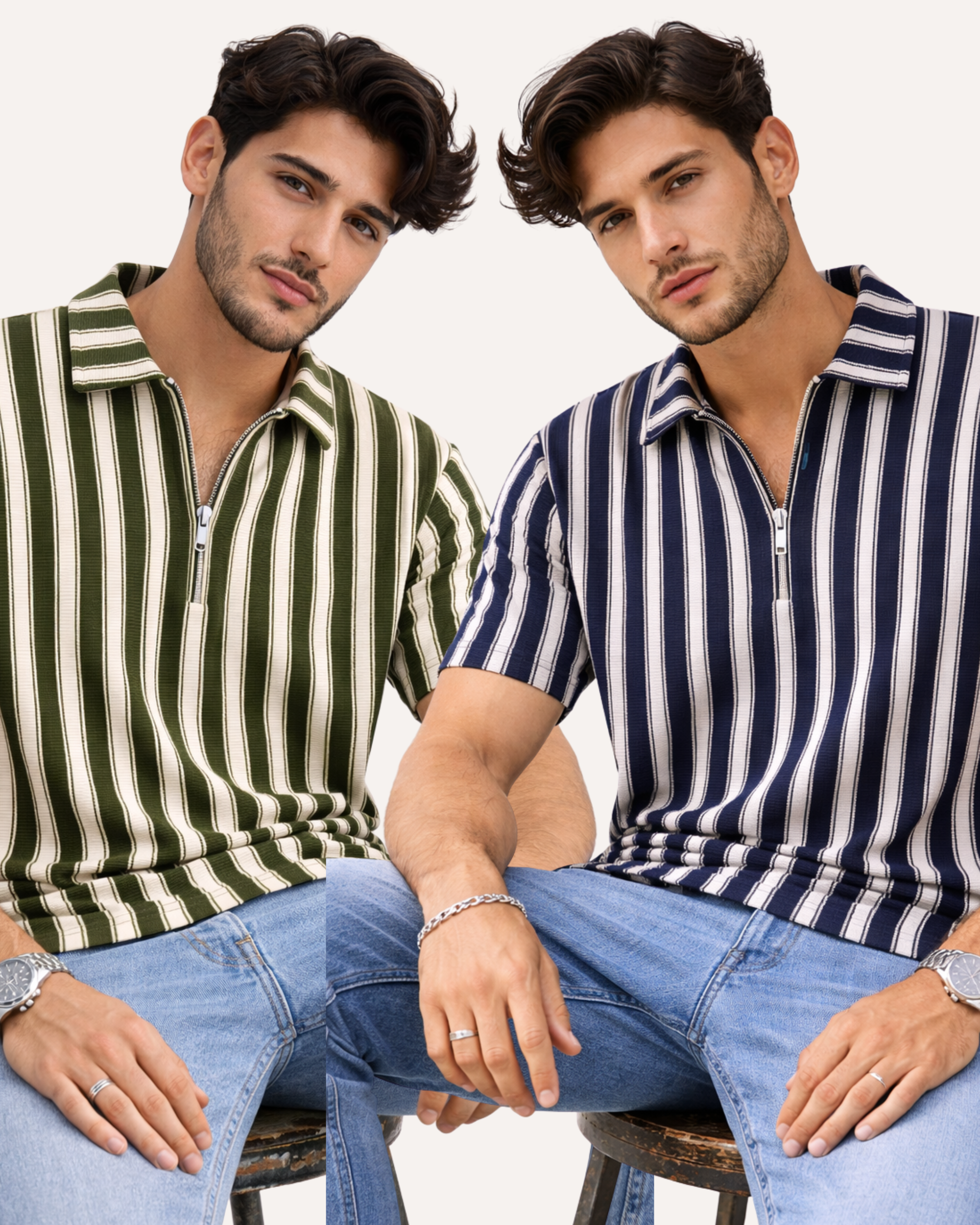Pack of 2 - Waffle Knit Dual Stripe Zip Polo Shirt