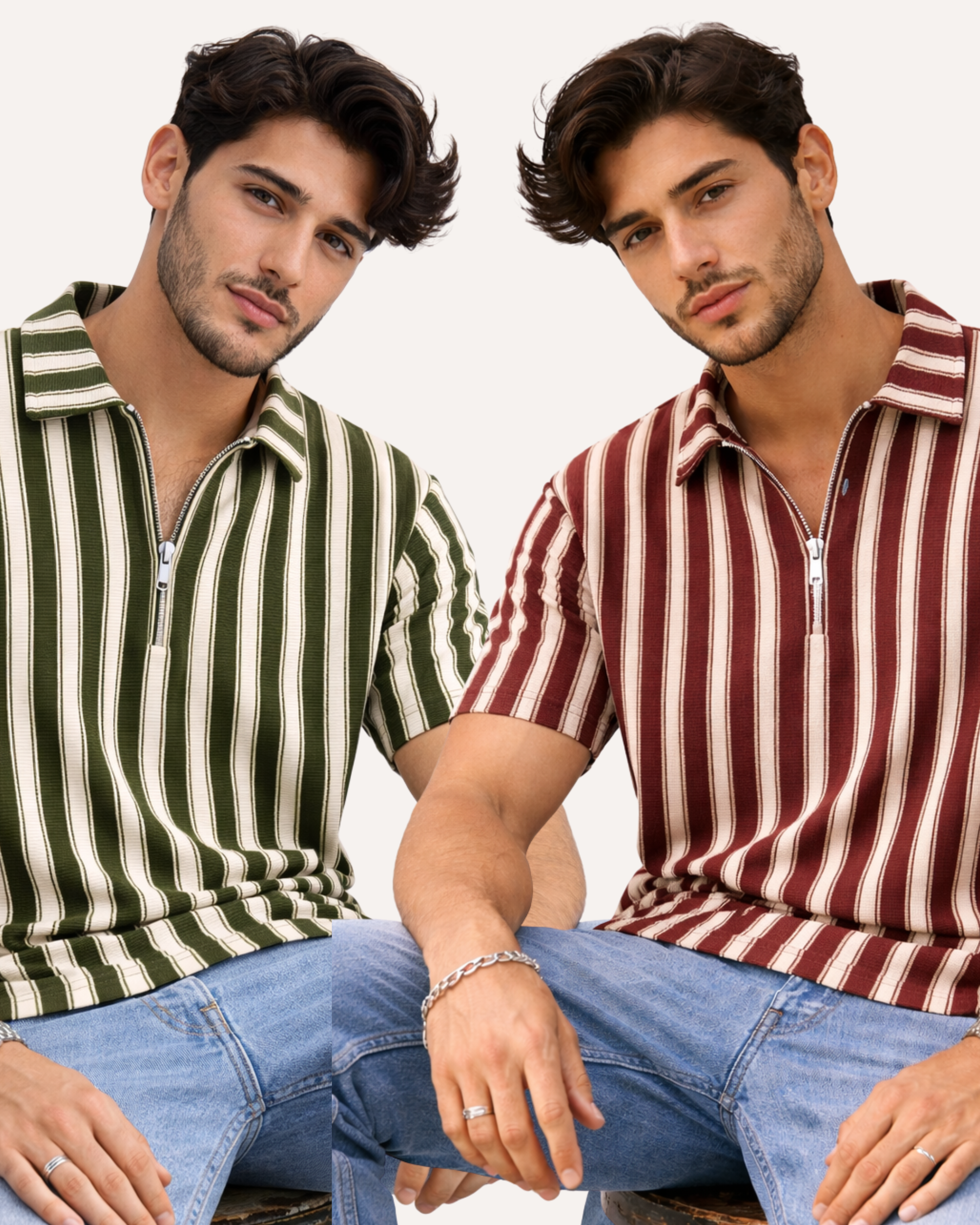 Pack of 2 - Waffle Knit Dual Stripe Zip Polo Shirt