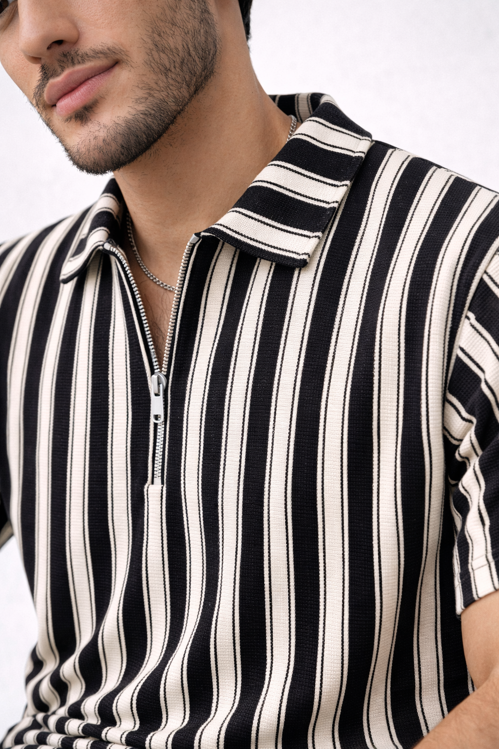 Pack of 2 - Waffle Knit Dual Stripe Zip Polo Shirt