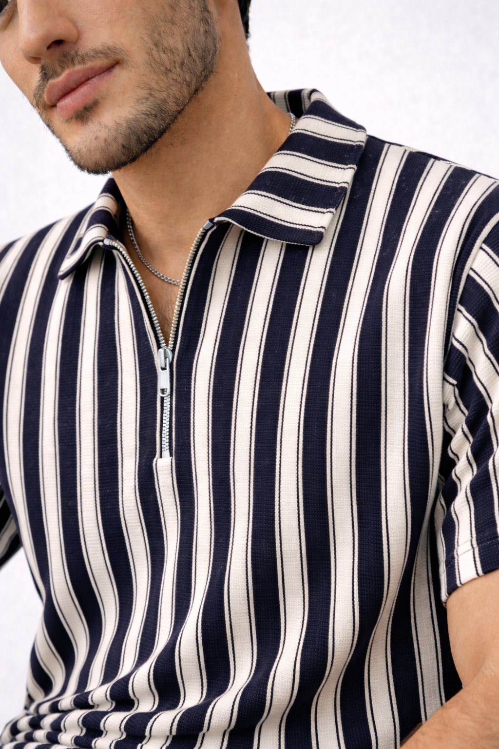 Pack of 2 - Waffle Knit Dual Stripe Zip Polo Shirt