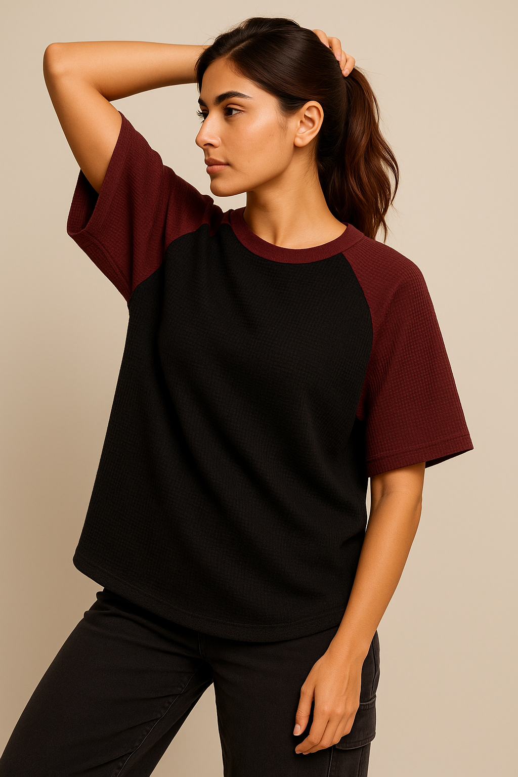 Oversized Waffle Knit Raglan T-Shirt for Women