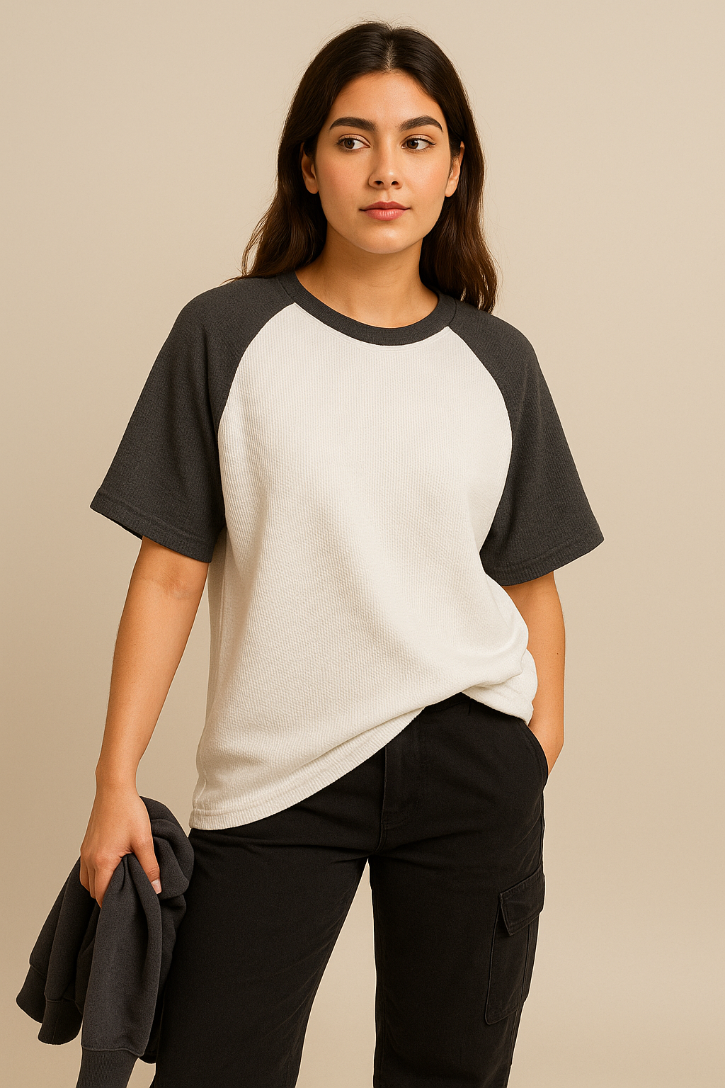 Oversized Waffle Knit Raglan T-Shirt for Women