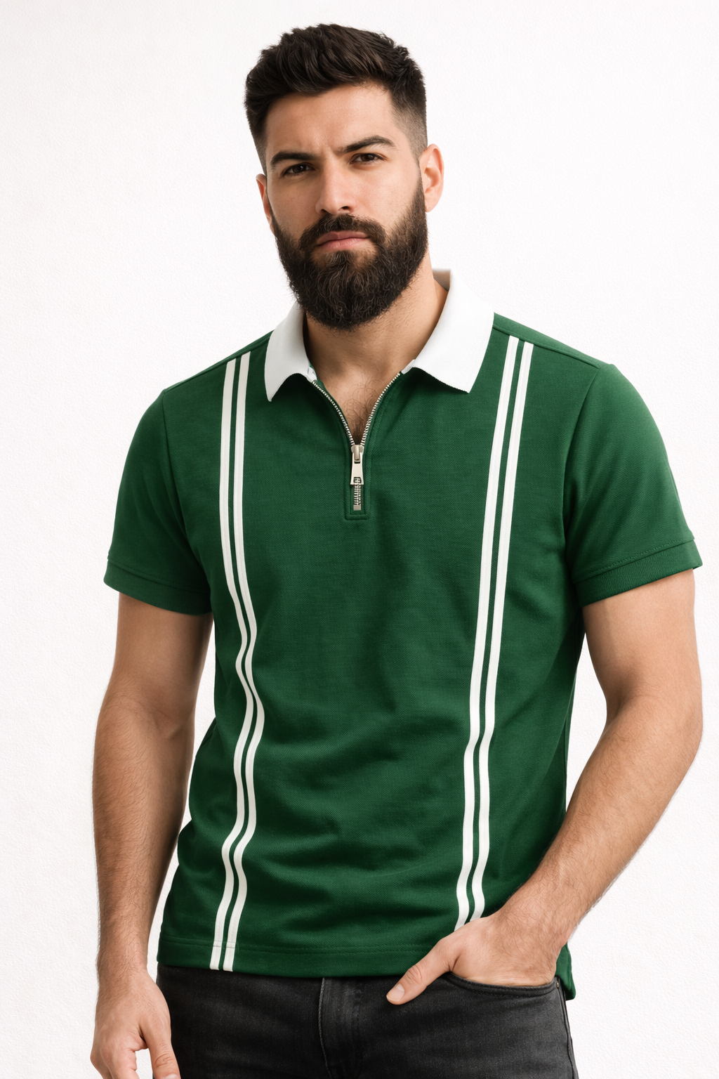 Men’s Zipper Stripe Polo Shirt - Green