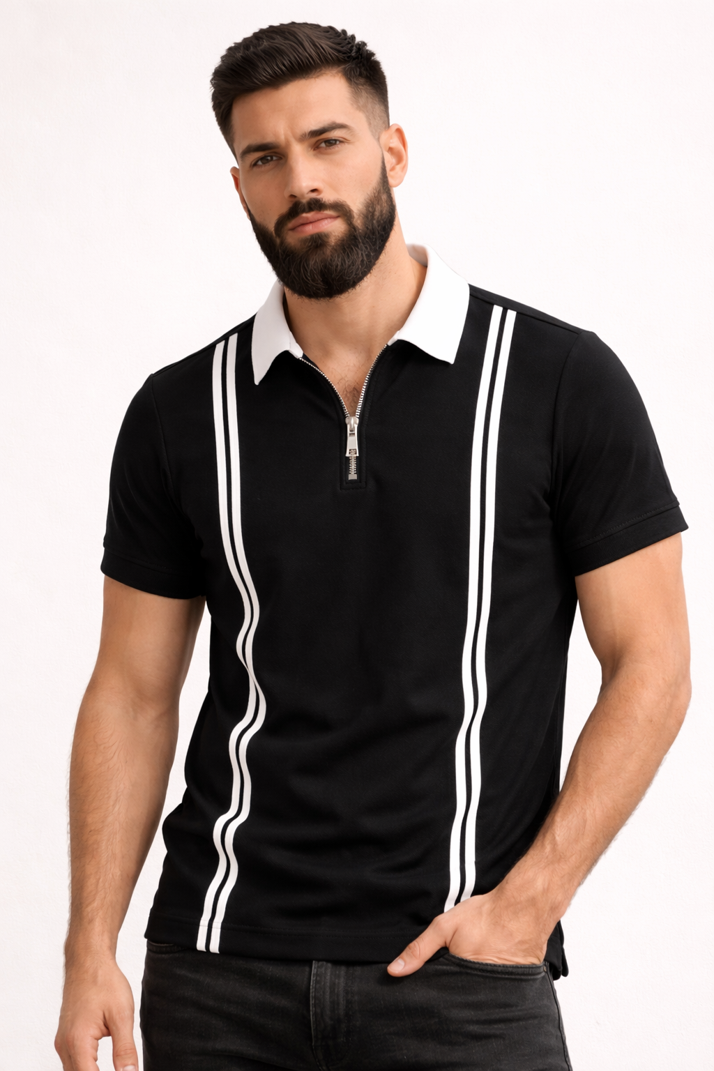Men’s Zipper Stripe Polo Shirt - Black