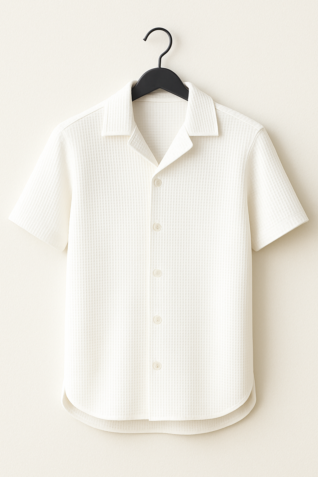 White Cuban Collar Waffle Knit Shirt for Men