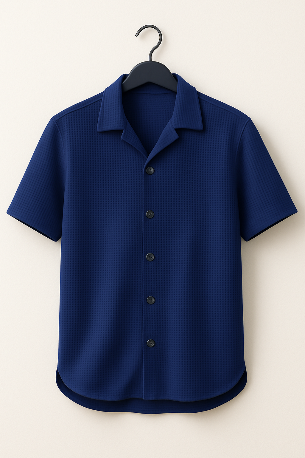 Blue Cuban Collar Waffle Knit Shirt for Men