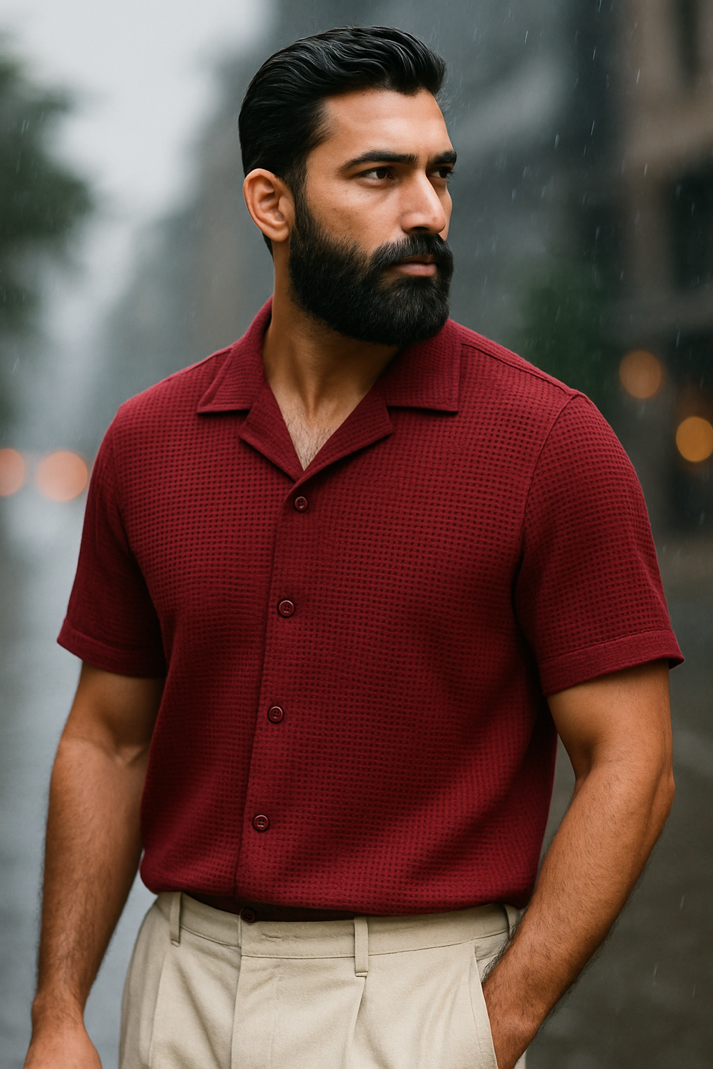 Maroon Cuban Collar Waffle Knit Shirt for Men