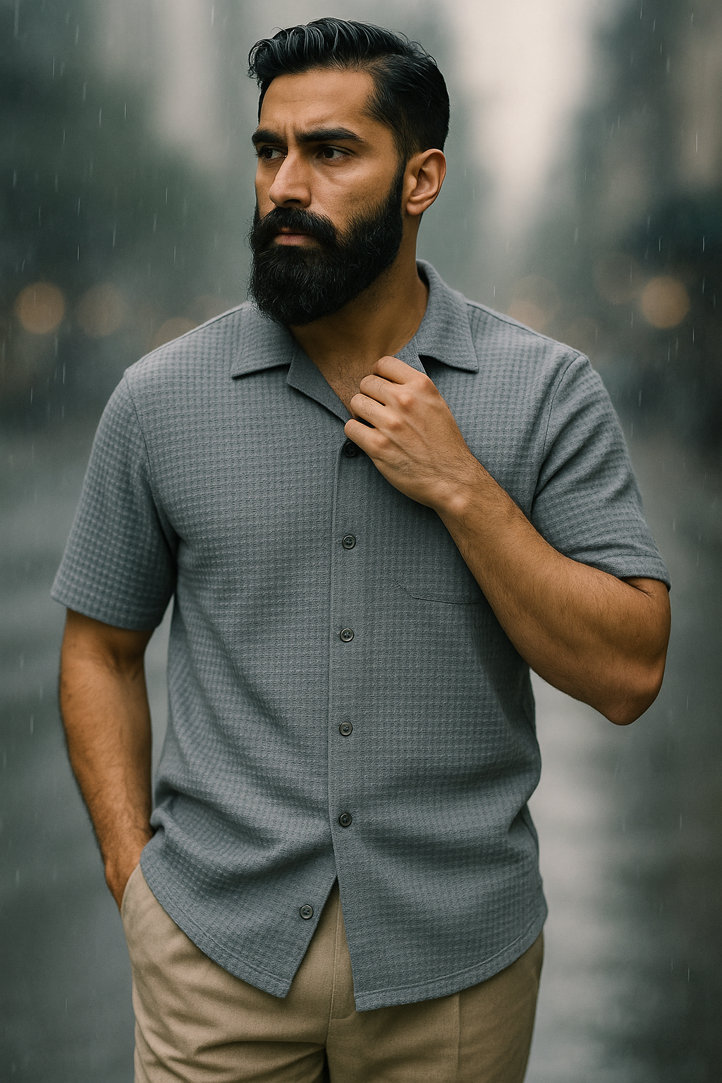 Gray Cuban Collar Waffle Knit Shirt for Men