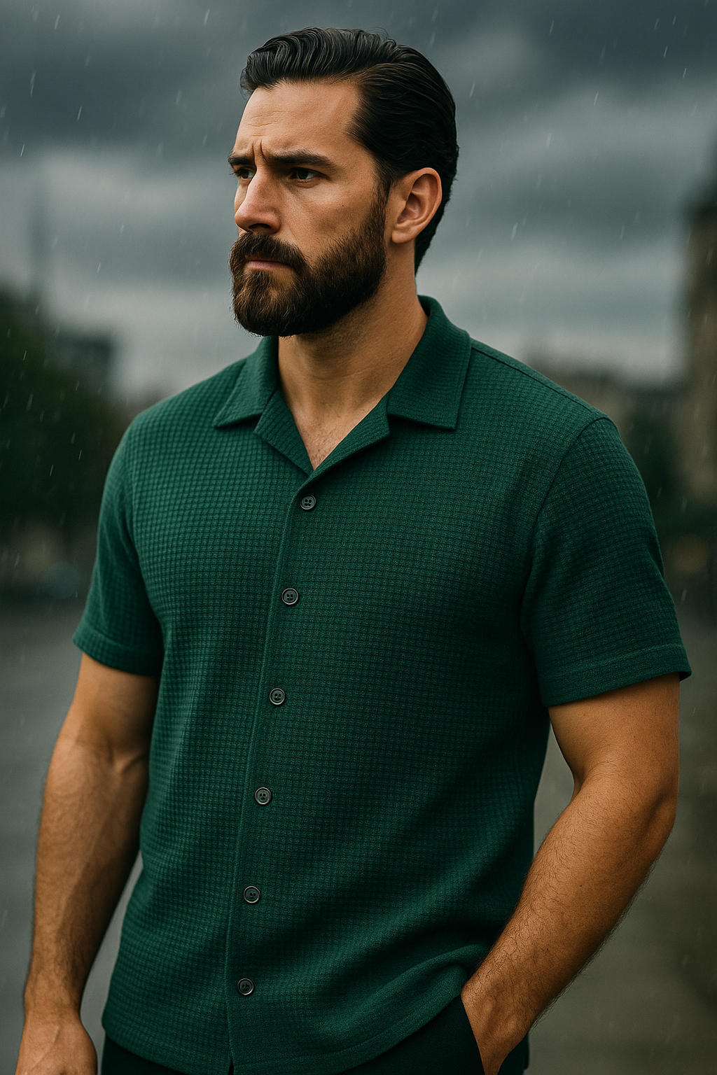 Green Cuban Collar Waffle Knit Shirt for Men