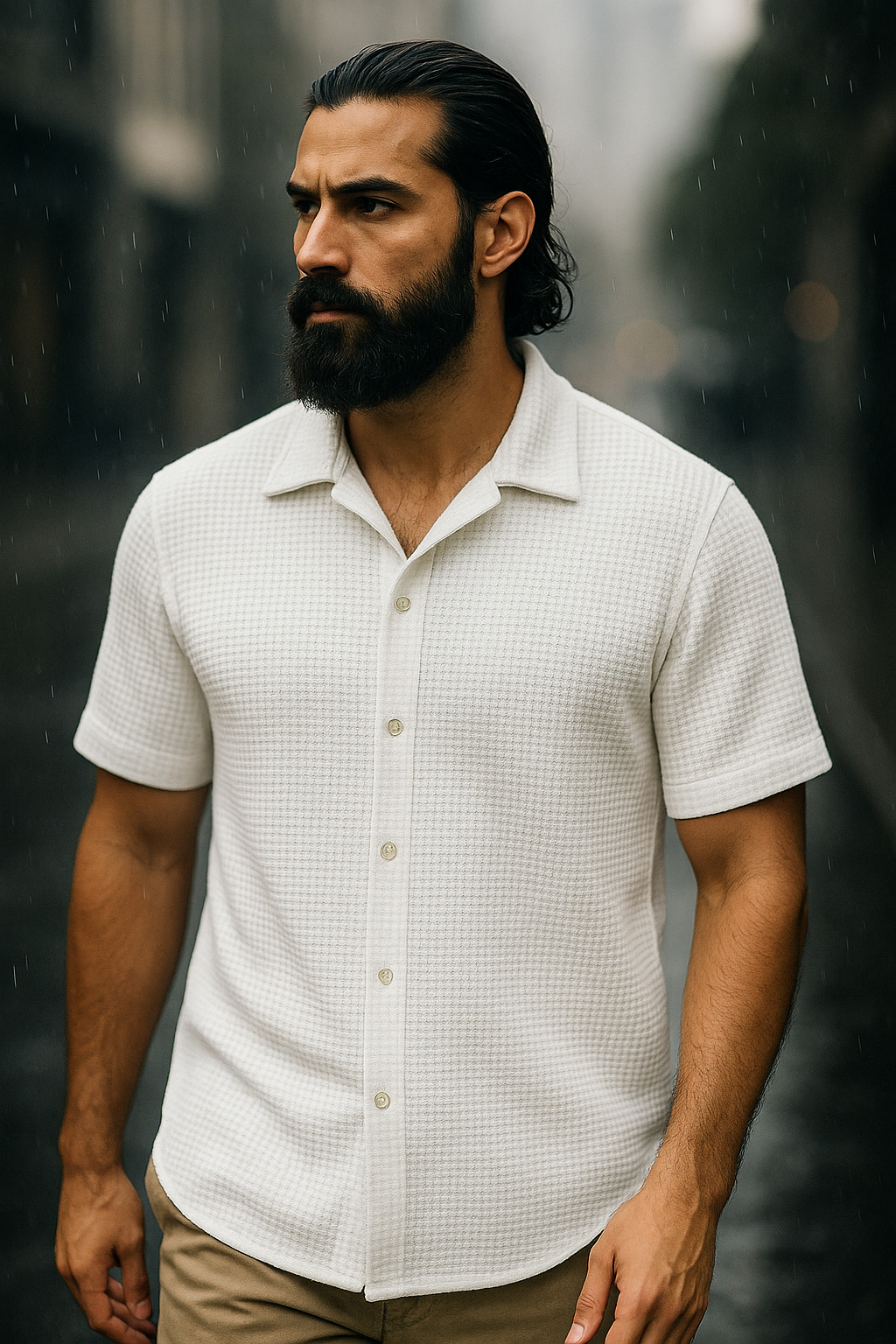 White Cuban Collar Waffle Knit Shirt for Men