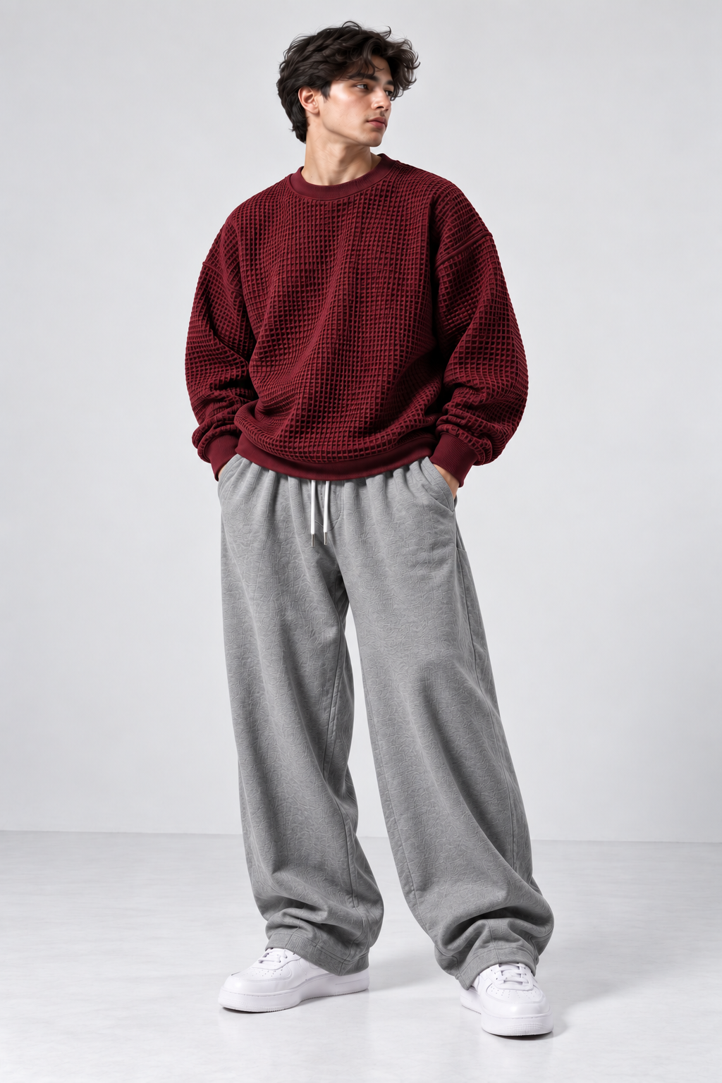 Oversized Waffle Knitted Sweatshirt & Baggy Trouser Tracksuit