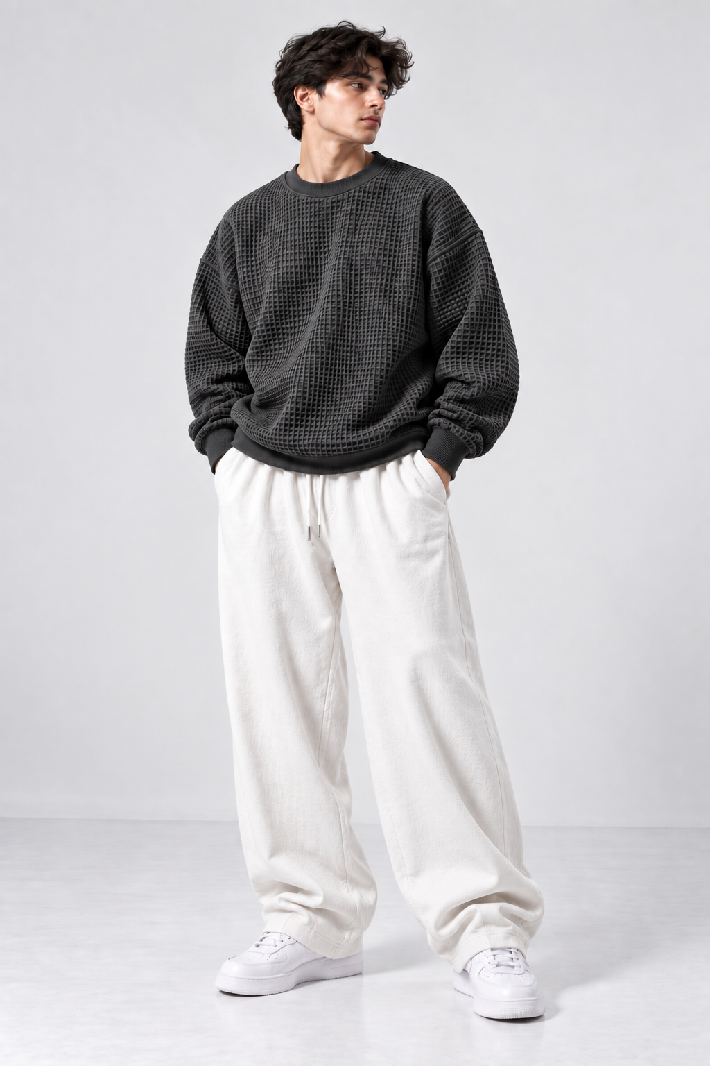 Oversized Waffle Knitted Sweatshirt & Baggy Trouser Tracksuit