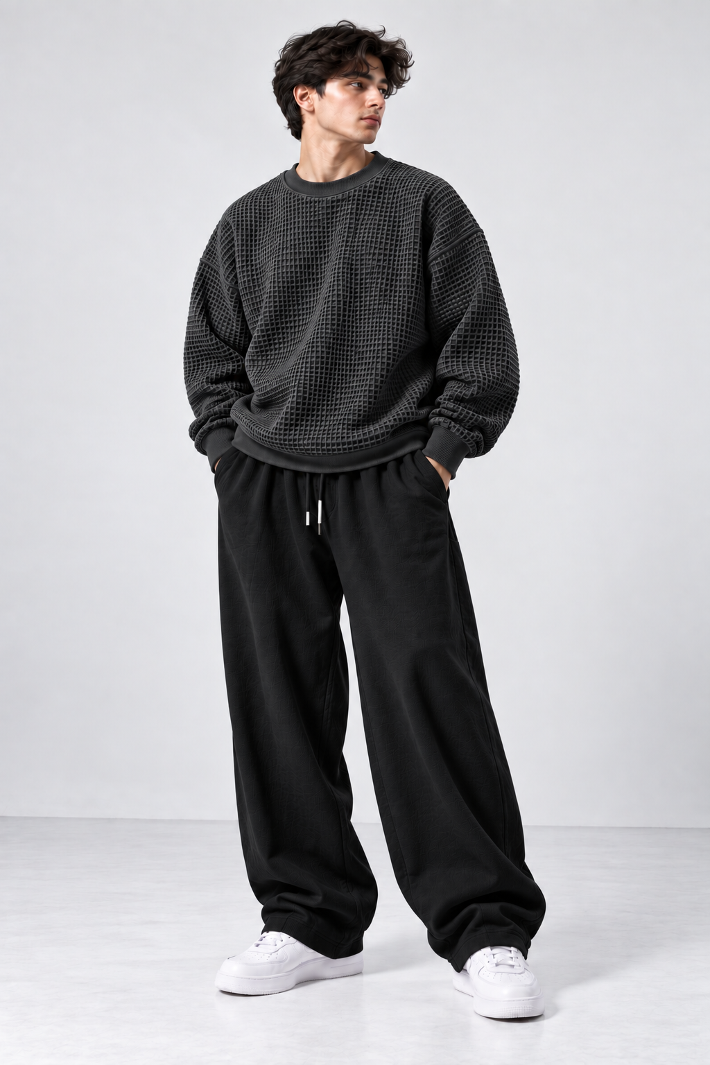 Oversized Waffle Knitted Sweatshirt & Baggy Trouser Tracksuit