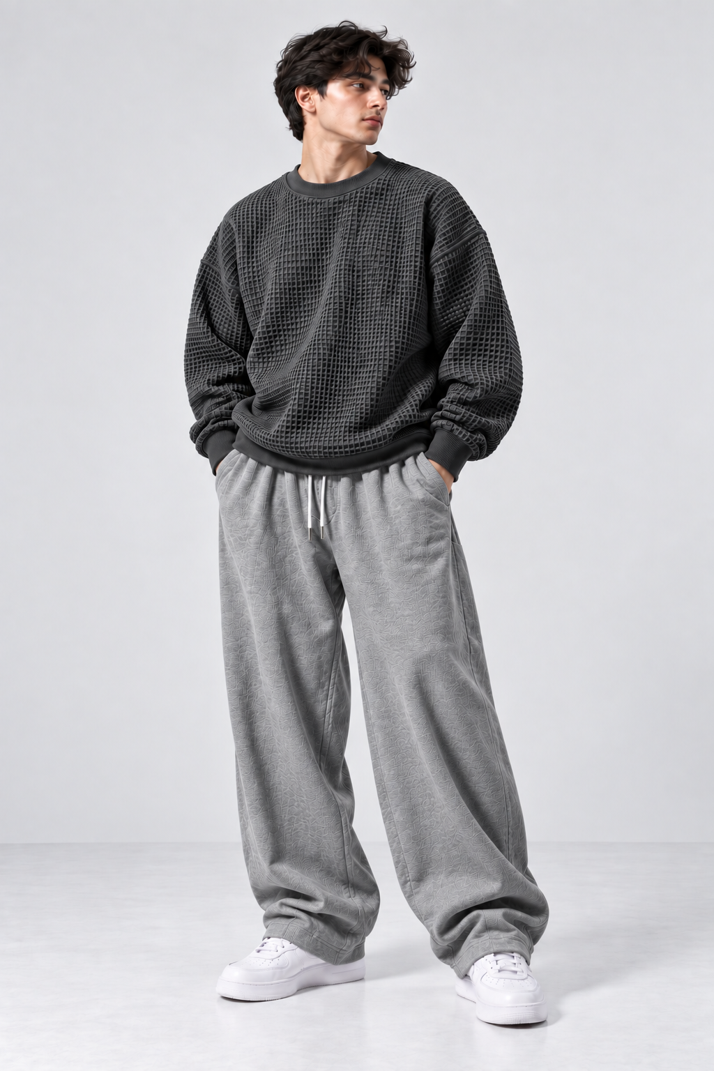 Oversized Waffle Knitted Sweatshirt & Baggy Trouser Tracksuit