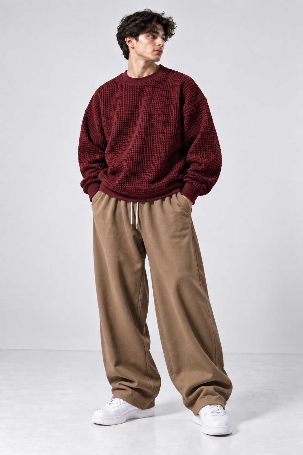 Oversized Waffle Knitted Sweatshirt & Baggy Trouser Tracksuit