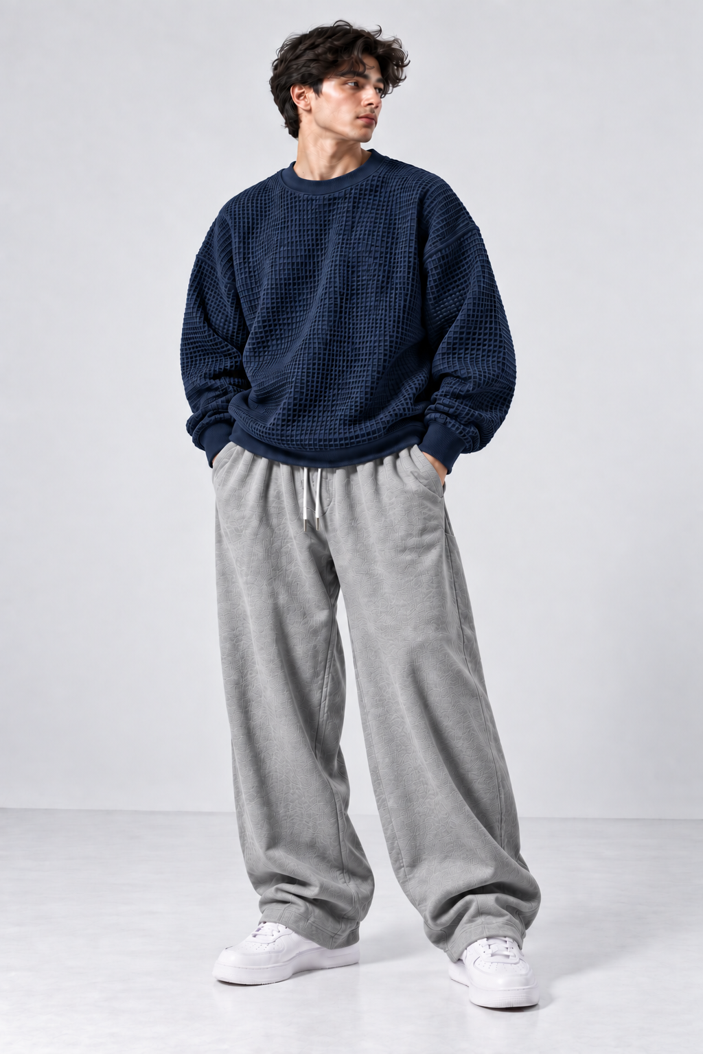 Oversized Waffle Knitted Sweatshirt & Baggy Trouser Tracksuit