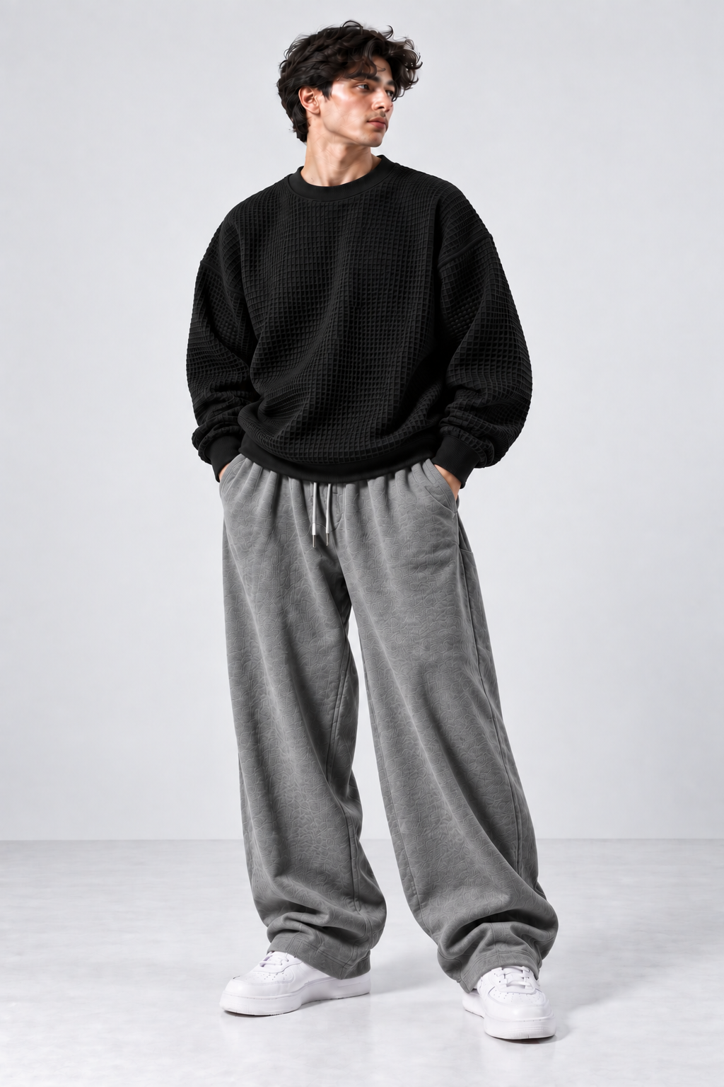 Oversized Waffle Knitted Sweatshirt & Baggy Trouser Tracksuit
