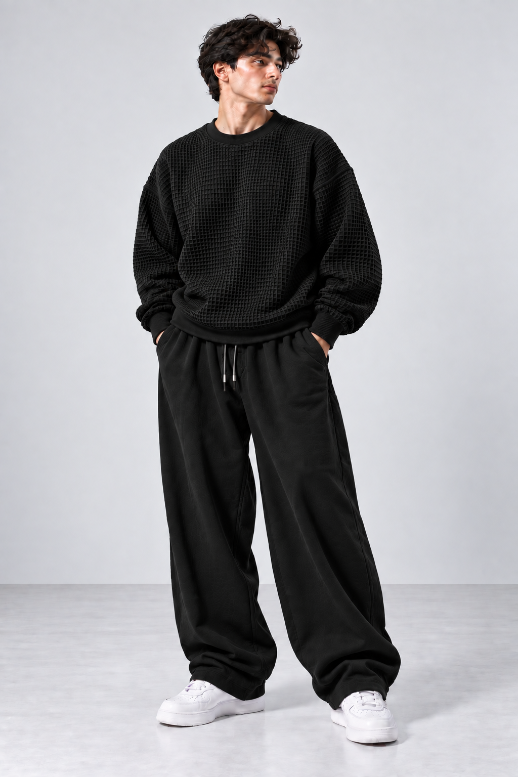 Oversized Waffle Knitted Sweatshirt & Baggy Trouser Tracksuit