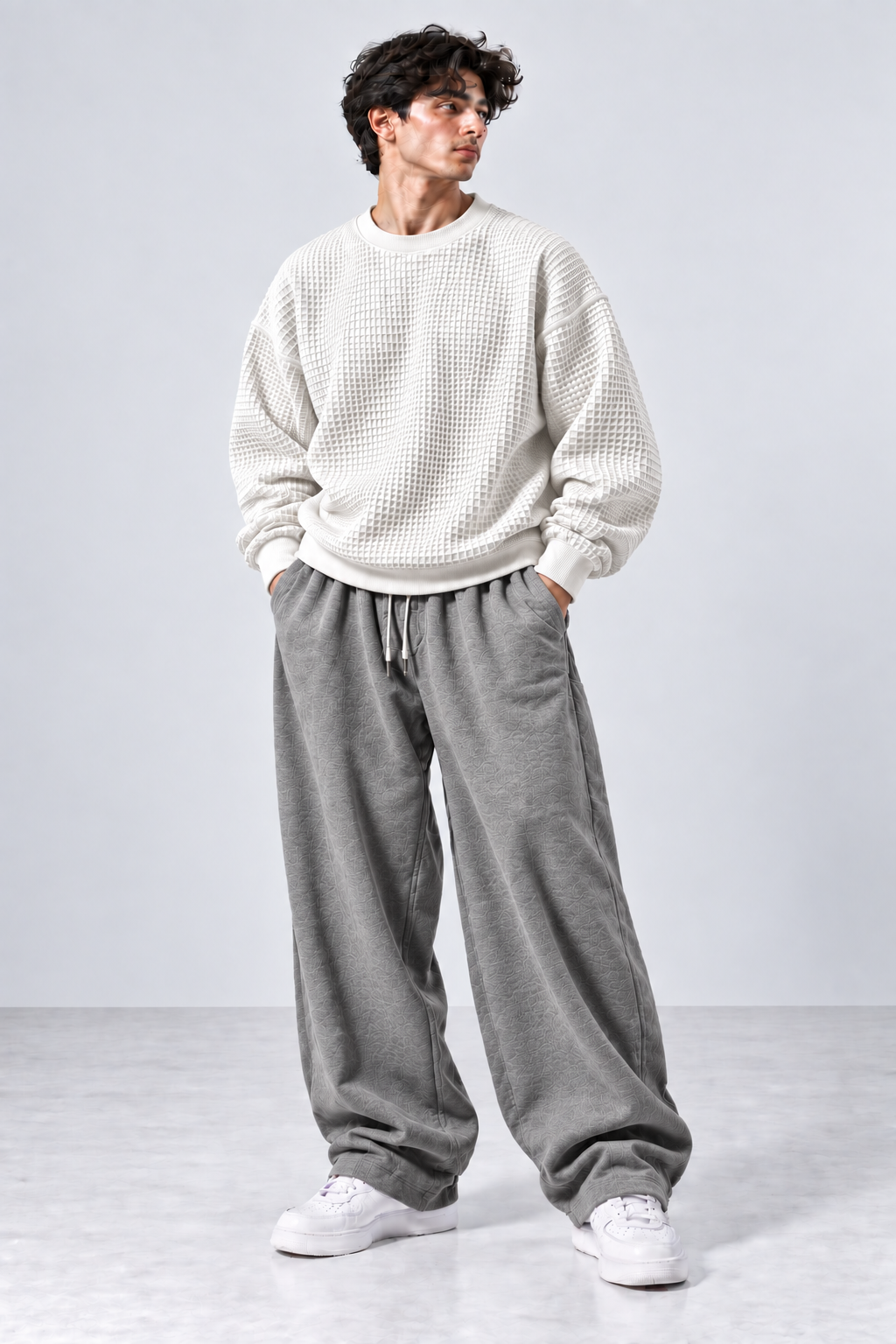 Oversized Waffle Knitted Sweatshirt & Baggy Trouser Tracksuit