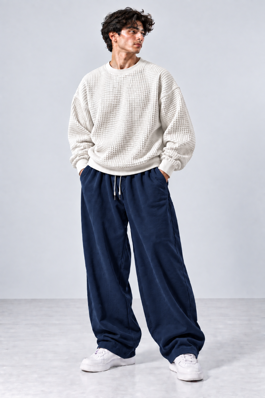 Oversized Waffle Knitted Sweatshirt & Baggy Trouser Tracksuit