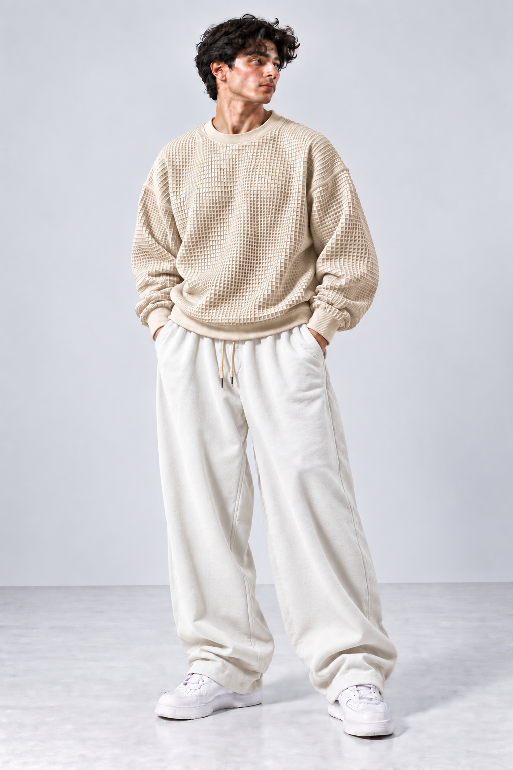 Oversized Waffle Knitted Sweatshirt & Baggy Trouser Tracksuit