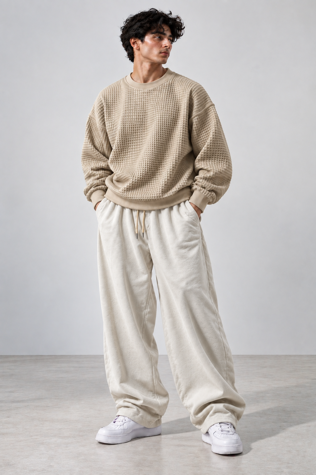 Oversized Waffle Knitted Sweatshirt & Baggy Trouser Tracksuit