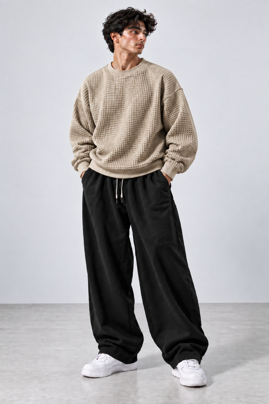 Oversized Waffle Knitted Sweatshirt & Baggy Trouser Tracksuit