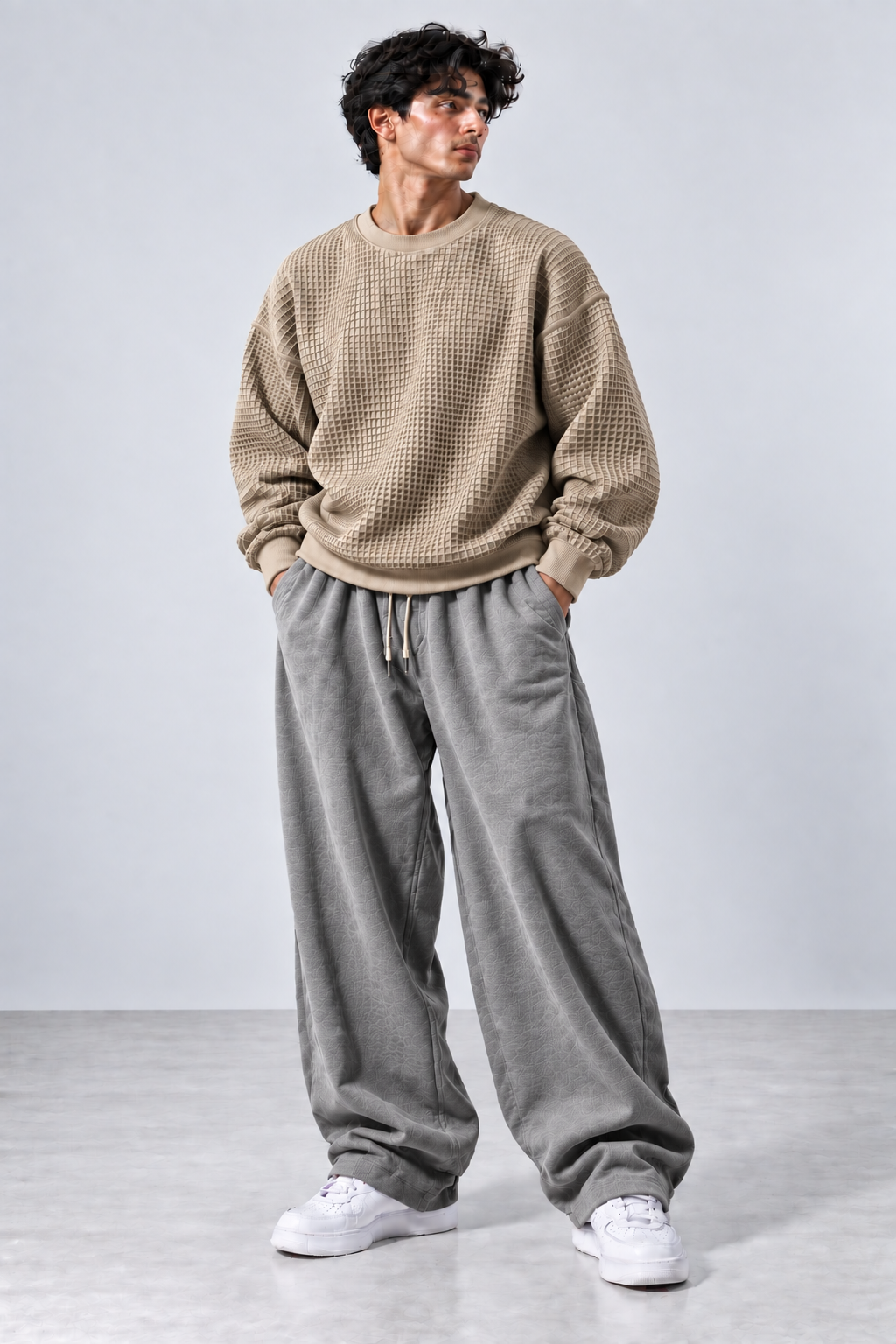 Oversized Waffle Knitted Sweatshirt & Baggy Trouser Tracksuit