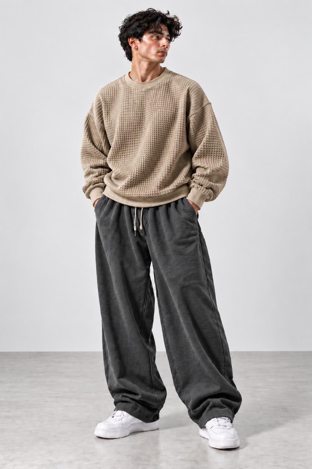 Oversized Waffle Knitted Sweatshirt & Baggy Trouser Tracksuit