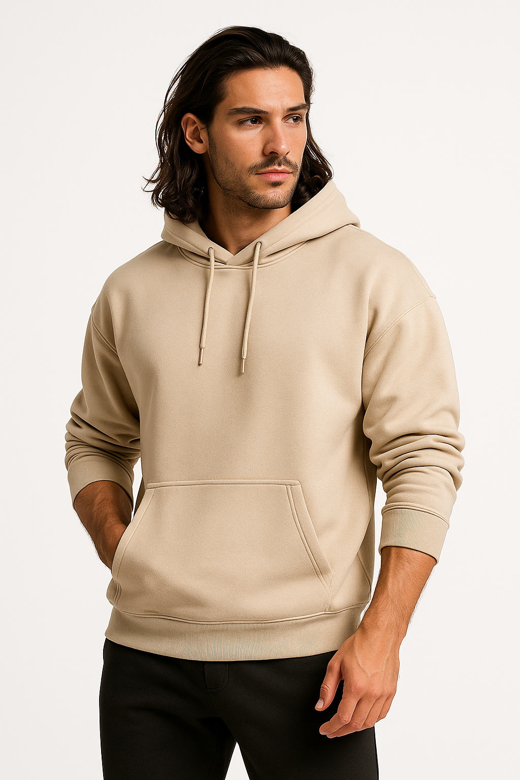 Beige Basic Hoodie for Men – Drop Shoulder