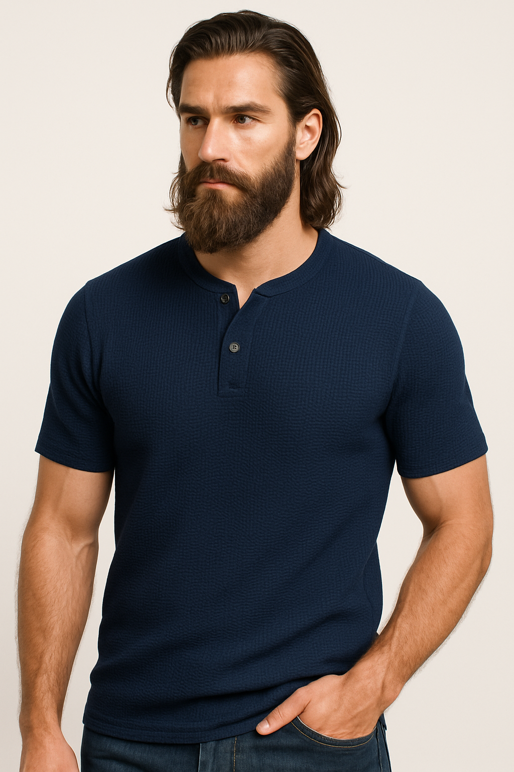 Navy Blue Waffle Knit Henley T-Shirt